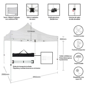 Carpa plegable 3×3 Acero Basic vista completa mobiliario profesional eventos exterior