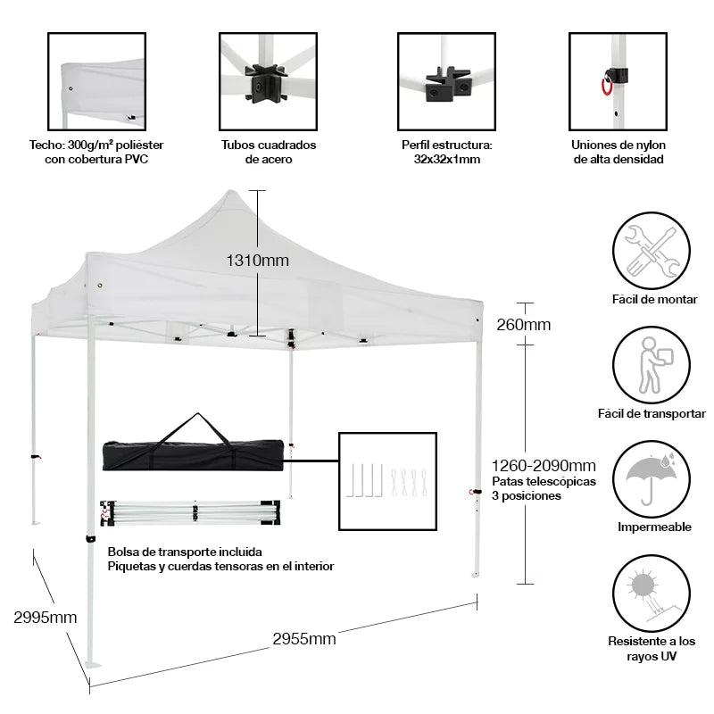 Carpa plegable 3×3 Acero Basic vista completa mobiliario profesional eventos exterior