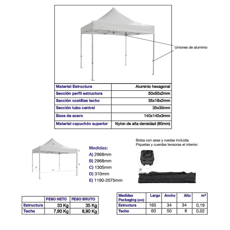 Carpa plegable 3×3 Aluminio Expert detalle características hostelería eventos exterior