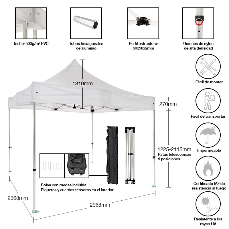 Carpa plegable 3×3 Aluminio Expert vista completa mobiliario profesional eventos exterior