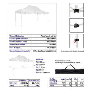 Carpa plegable 3×4,5 Acero Basic detalle características hostelería eventos exterior