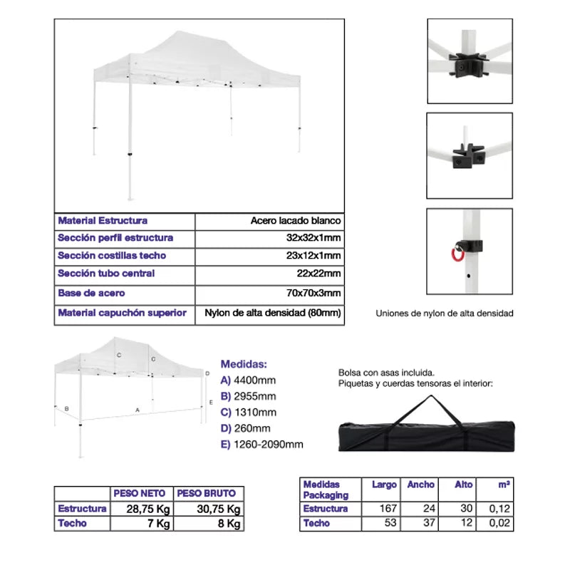 Carpa plegable 3×4,5 Acero Basic detalle características hostelería eventos exterior