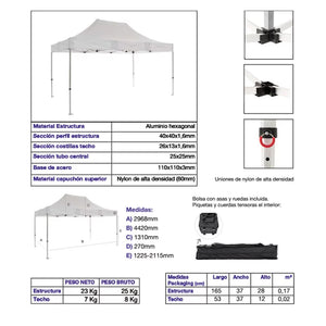 Carpa plegable 3×4,5 Aluminio Expert vista completa mobiliario profesional eventos exterior