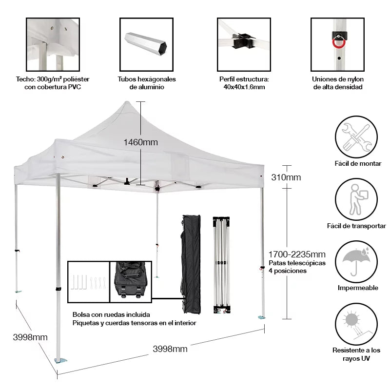 Carpa plegable 4×4 Aluminio Expert vista completa mobiliario profesional eventos exterior